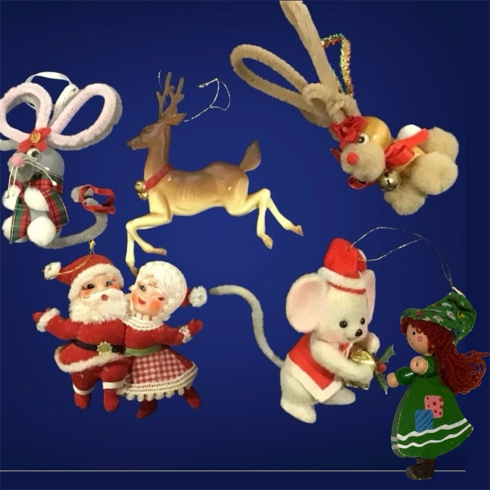 Vintage Christmas flocked, wood & plastic ornaments Santa & Mrs Clause reindeer